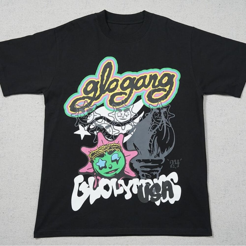 Glo Gang Black Round Neck Cartoon Print Short Sleeves